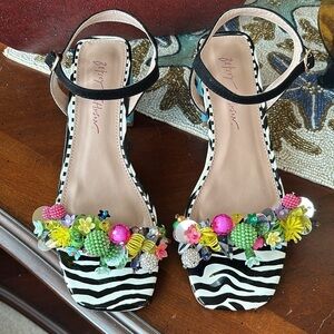BETSEY JOHNSON Black Embellished Ankle Strap Open Toe Block Heel Beaded Sandals